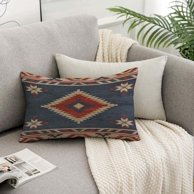 TKS MITLAN Southwest Diamond Blue Red Pillow Covers 12 x 20 Inch Indian Style on Blue Background Decorative Throw Pillow Covers Linen Cushion Case for Sofa Couch