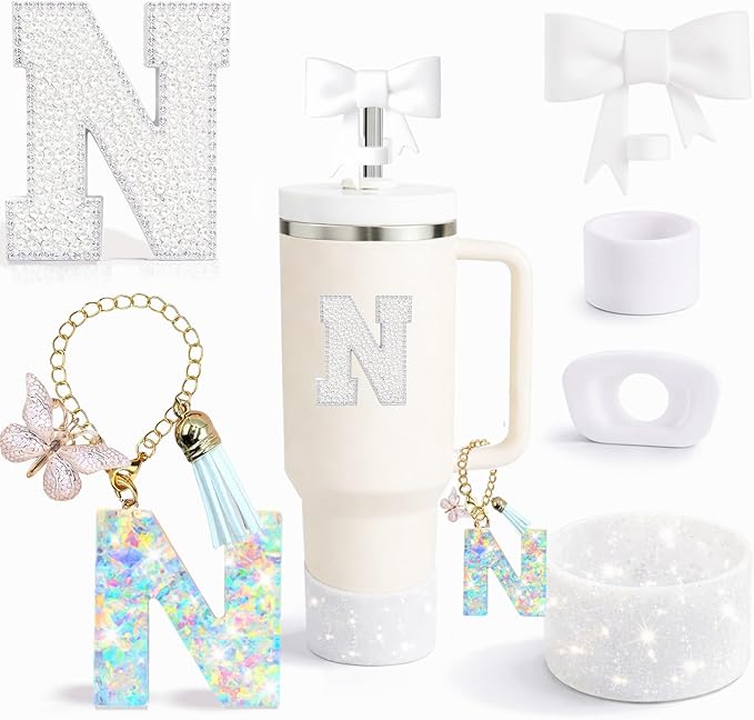 6PCS White Stanley Cup Accessories Set Fit for Stanley Cup 30oz 40oz. Including Handle Charm, Personalized Initial Sticker, Straw Topper, Sparkly Silicone Boot, Spill Proof Stopper (Letter-N)