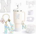 6PCS White Stanley Cup Accessories Set Fit for Stanley Cup 30oz 40oz. Including Handle Charm, Personalized Initial Sticker, Straw Topper, Sparkly Silicone Boot, Spill Proof Stopper (Letter-N)
