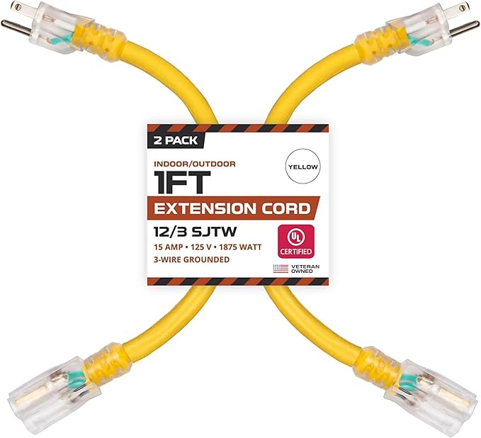 Iron Forge Cable 1 Foot Lighted Outdoor Extension Cord - 12/3 SJTW Heavy Duty Yellow Extension Cable with 3 Prong 15 AMP Grounded Plug for Safety