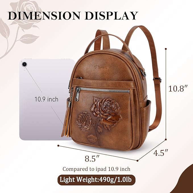 Mini Backpack Purse for Women,Embossed Leather Small Backpack Fashion Travel Backpacks Daypacks Shoulder Handbag (BROWN-Flower)