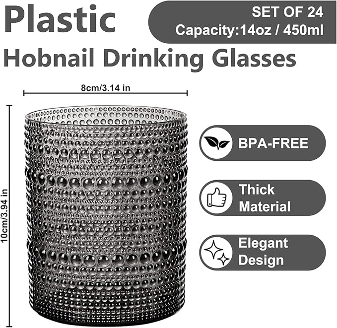YOUBET 24PCS Plastic Drinking Glasses - 14OZ Black Hobnail Drinkware Glasses - Vintage Glassware Textured Beaded Cups for Water, Beer, Whiskey, Juice and Various Mixed Drinks for Party Graduation