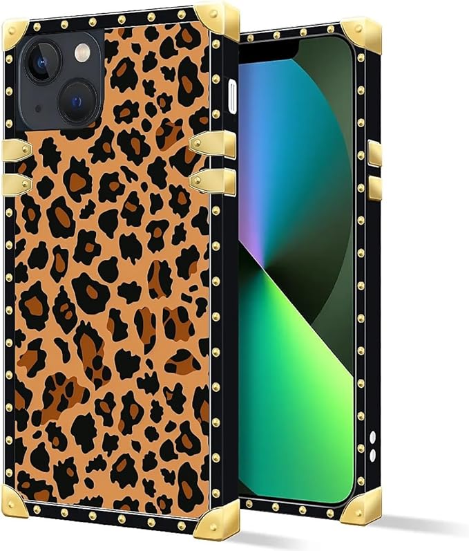Compatible with iPhone 13 Case, Brown Leopard Texture Luxury Golden Decoration for Girl Women Soft TPU Shockproof Protective Hard PC Back for iPhone 13