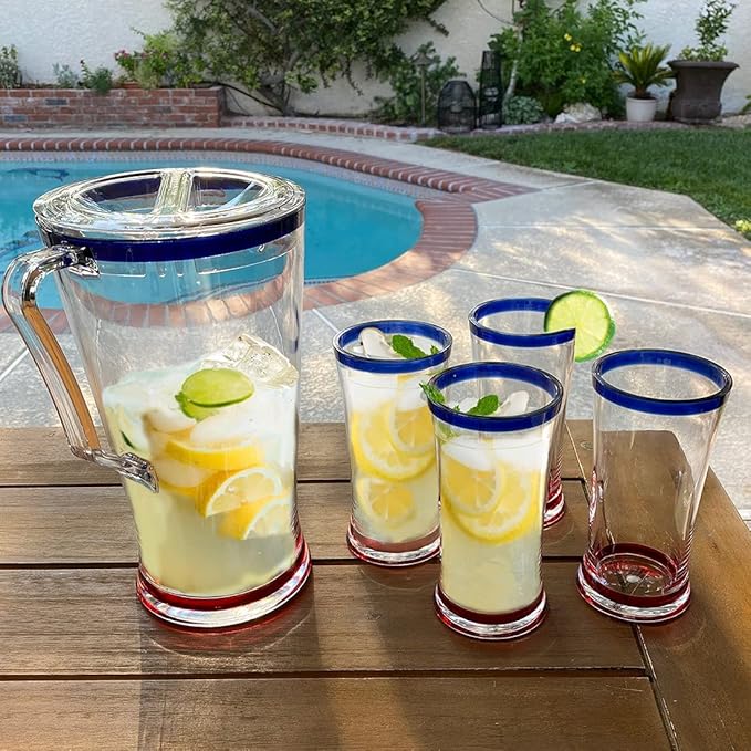 Lily's Home Unbreakable Acrylic Highball Tumblers - Set of 4, 18oz Shatterproof Plastic Cups with Cobalt Blue Rims, Reusable for Water, Juice & Cocktails - Ideal for Indoor & Outdoor Use