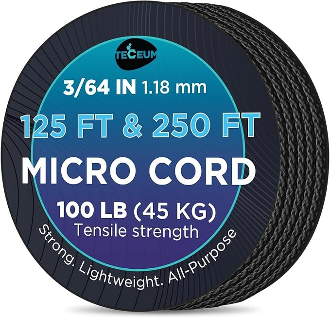 TECEUM Micro Paracord – 1.18 mm X 125 ft – Micro Utility Cord – Thin Braided Paracord Rope – Best for Crafting, DIY Projects, Fishing, Camping – Wind Chime Replacement – Survival Strong String