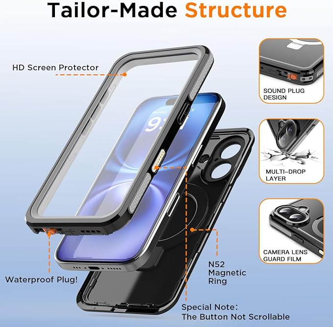 AICase Magnetic for iPhone 16 Case Waterproof Magsafe[Ring Invisible Stand & Screen Protector][IP68 Underwater][Dropproof][Dustproof][Real 360] Shockproof Protective Phone Case 6.1''2024