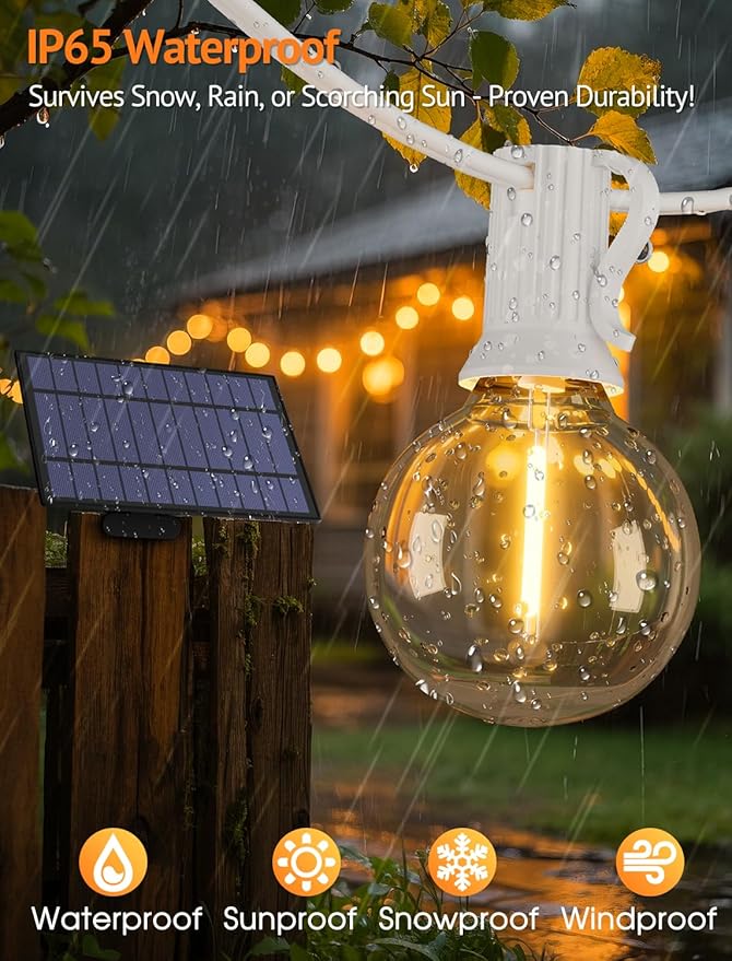 Larkvue 50FT(2x25FT) Solar String Lights Outdoor with Remote, Waterproof Dimmable 3 Modes Patio Lights with 20+2 LED G40 Bulbs for Party Bistro-White