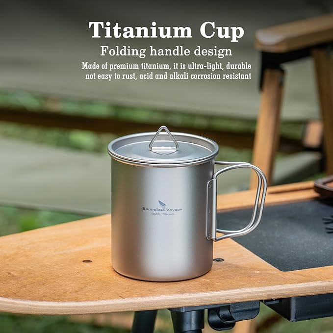 Boundless Voyage Titanium Camping Mug with Lid 300ml 450ml 750ml Lightweight Folding Handle Cup for Outdoor Backpacking Hiking Travel Durable Portable (450ml)
