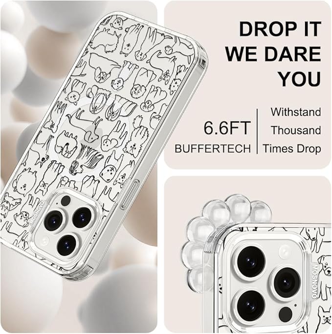 MOSNOVO Case for iPhone 15 Pro Max, [Buffertech 6.6ft Military-Grade Drop Protection] [Anti Peel Off Tech] Clear TPU Bumper Phone Case Cover Design - Doodle Dog