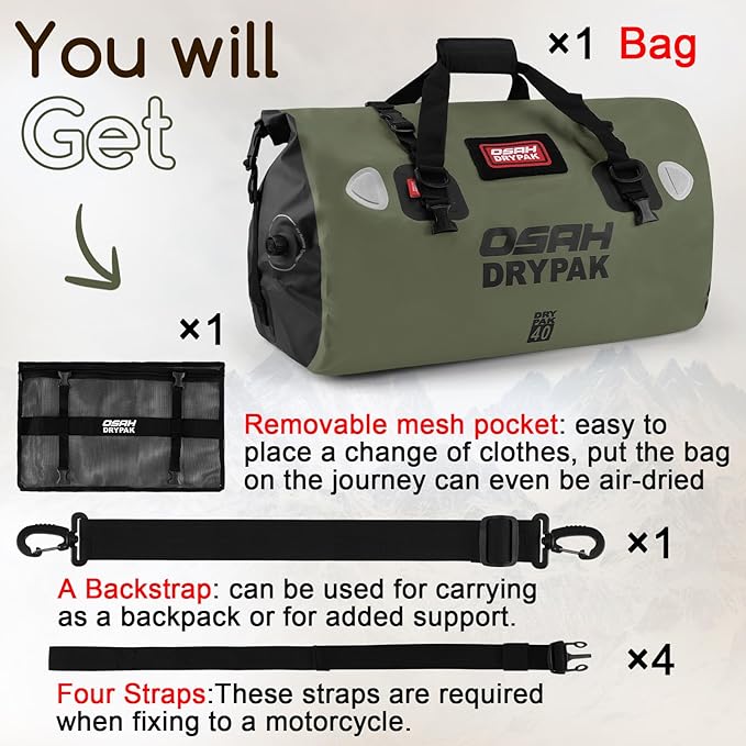 OSAH DRYPAK Waterproof Duffel Bag - Motorcycle Dry Bag Tail Bag with Large Storage Space, Waterproof Luggage Duffle Bags with Outer Mesh Zipper Pocket for Camping, Kayaking, Fishing & Traveling