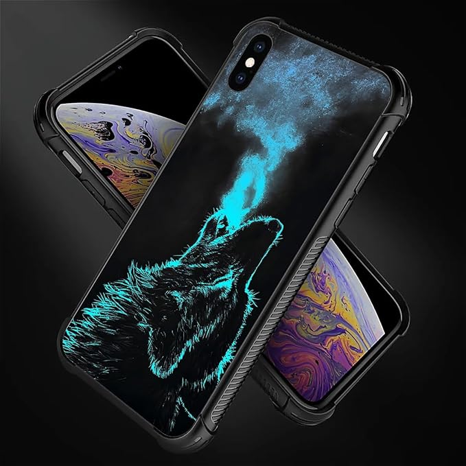 for iPhone X/Xs Case, Blue Breathing Wolf Pattern Graphic Design Girl Boy Soft Silicone Hard Acrylic Shock Protection for iPhone X/Xs