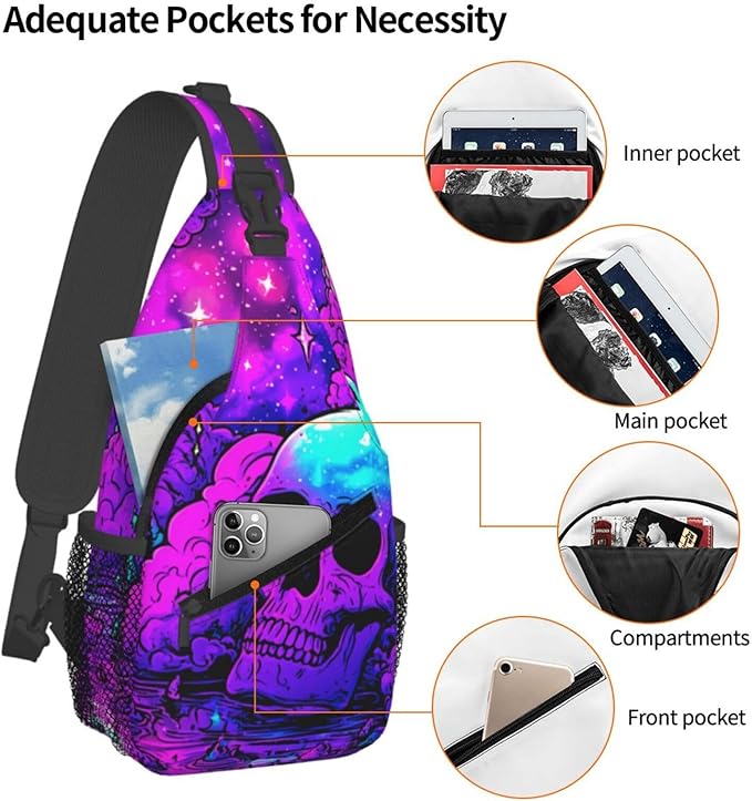 Trippy Skull Sling Bag Crossbody Travel Hiking Chest Backpack Shoulder Daypack For Women Men
