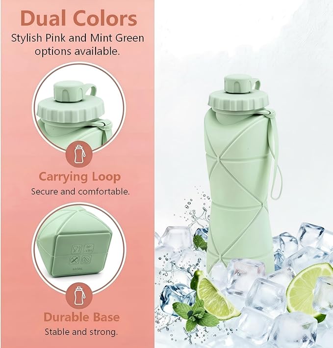 Collapsible Travel Water Bottle 20oz (600ml), BPA-Free, Foldable Silicone Lightweight Reusable Water bottle with Leak-Proof Lid & Lanyard, Portable for Travel Cycling Gym Camping (Green)