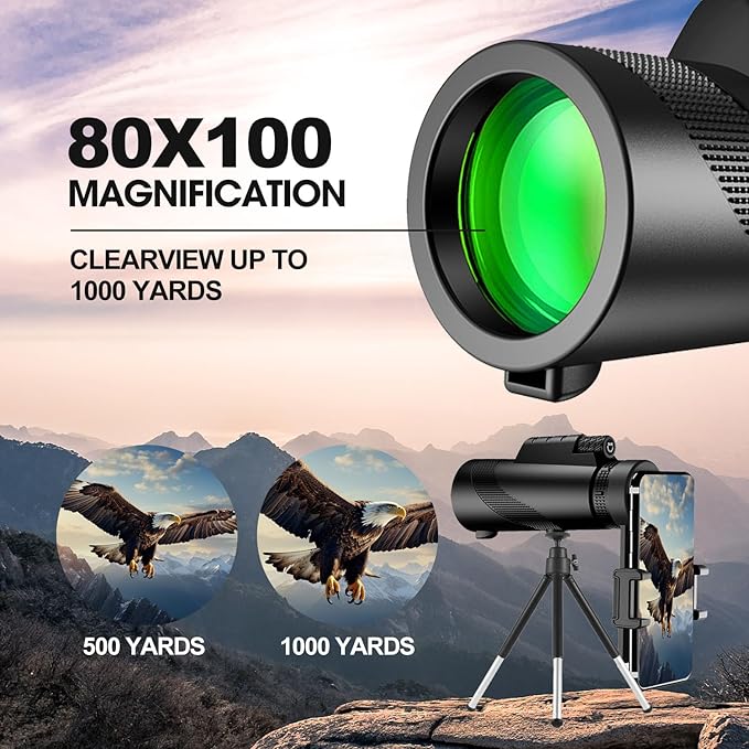 Monocular-Telescope 80x100 High Powered Monoculars High Definition for Adults with Smartphone Adapter for Bird Watching, Hunting Wildlife Bird Watching Travel Camping Hiking (Black)