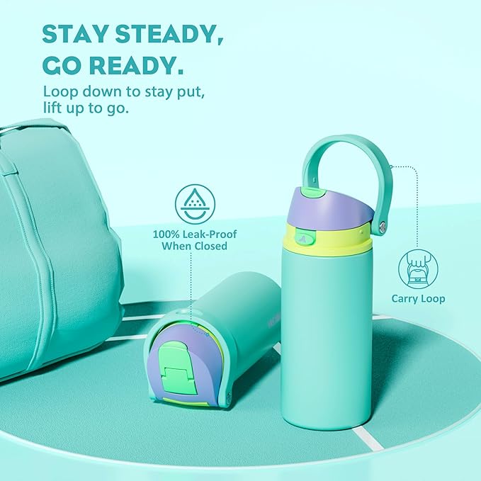 POWCAN 18 oz Insulated Water Bottle: 2-in-1 Push-Button Spout & Quick-Flip Straw, Leakproof, Cold 24Hrs, Fits Car Cup Holder, Stainless Steel Sports Water Bottle, Gift for Women, Girls (Sea Princess)