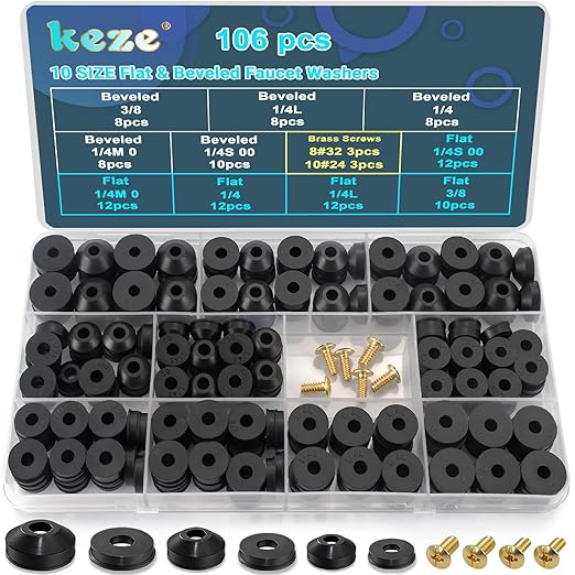 KEZE 106 PCS 10 Size Faucet Washers Assorted Kit with Brass Bibb Screws Assortment Flat and Beveled Rubber Washer for DIY Outdoor Faucets Stem Leak Worn Out Seal Repair