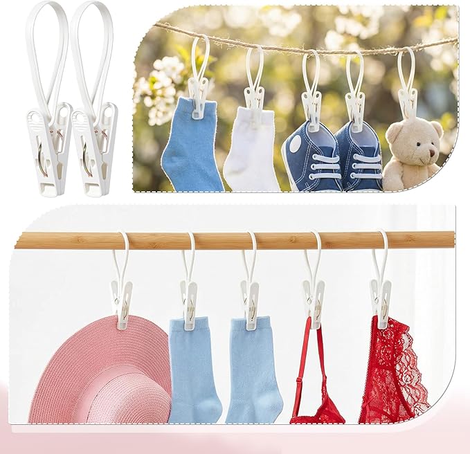 105 Pcs Multi-Purpose Laundry Hooks Hanging Clips Bulk with Plastic Rope Hanger Clips for Baby Clothes Closet Organizer for Pants Hat Sock Boot Bra Towel Bathroom Wardrobe Kitchen, White