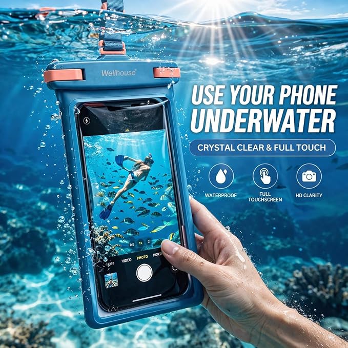 wellhouse 3D Waterproof Phone Pouch with Lanyard,Premium TPU100FT Deep Waterproof Phone Case for iPhone 17 16 15 14 13 12 Pro Max XS Samsung,Snorkeling, Surfing, Kayaking,Skiing,Hot Springs
