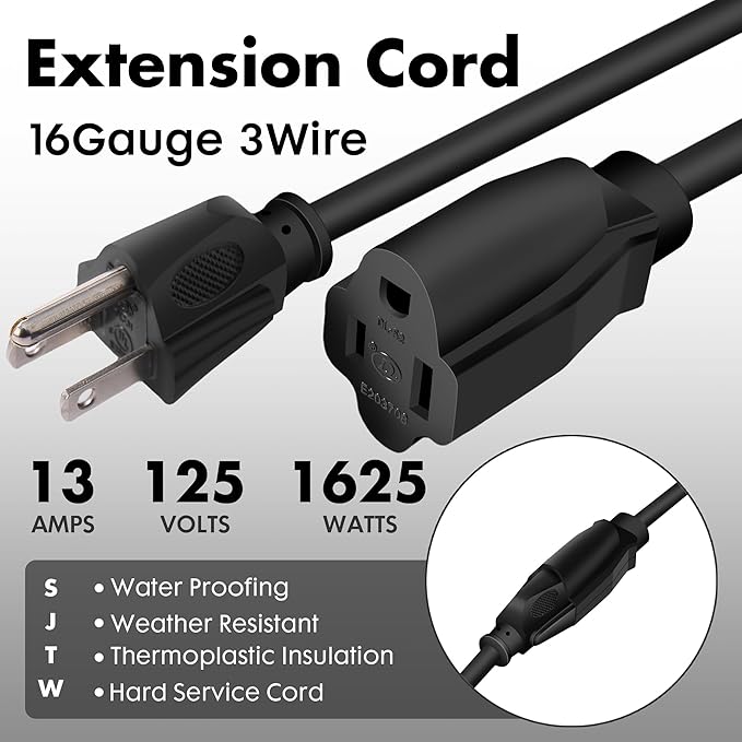 6ft Black Outdoor Extension Cord Waterproof, UL Listed, 16/3 SJTW Heavy Duty 3 Prong, 16 Gauge 13A Power Cord Ideal for Indoor Outdoor Lights, Appliances, and Lawn