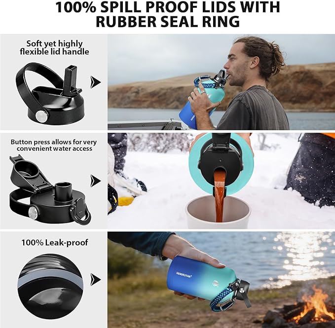 One Gallon Insulated Water Bottle, Triple Wall 128 oz Stainless Steel Wide Mouth Water Bottles (Cold for 48 Hrs), Leak Proof, Non-BPA, Large Water Flask Jug with Paracord Handle & Straw Spout Lids