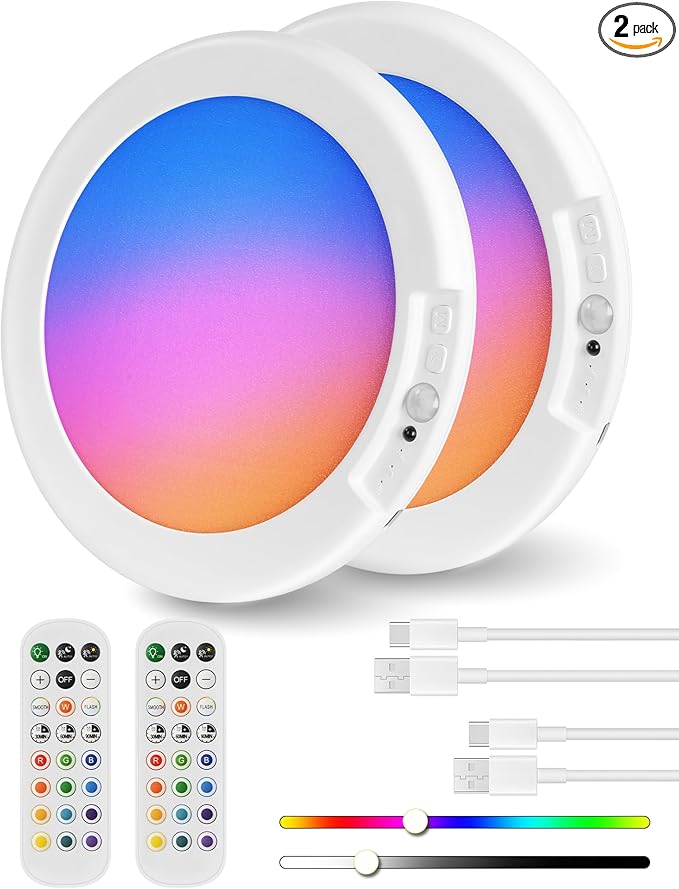 2 Pack Motion Sensor Rechargeable Shower Lights with Remote, RGBW Battery Operated Ceiling Light, Wireless, Color Changing, Warm-to-Cool Whites, Dimmable, Timer, Magnetic for Bathroom Closet Porch