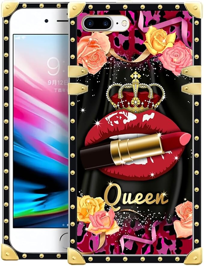Compatible with iPhone 8 Plus 7 Plus Case, Queen Lip Crown Leopard Print Luxury Golden Decoration for Girl Women Soft TPU Shockproof Protective Hard PC Back for iPhone 8 Plus 7 Plus