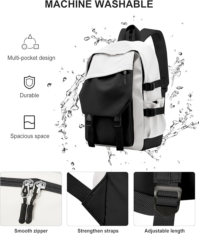 coowoz School Bag Lightweight Casual Daypack College Laptop Backpack for Men Women Water Resistant Travel Rucksack for Sports High School Middle Bookbag for girls(Black white)