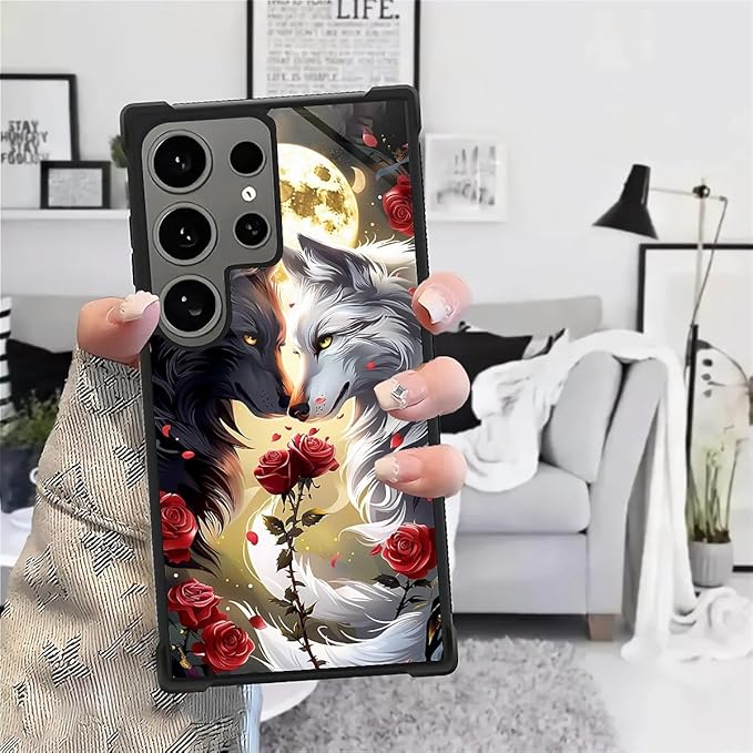 for Samsung Galaxy S24 Ultra Case, Black White Wolf Moon Flower Rose Pattern Graphic Design Girl Boy Soft Silicone Hard Acrylic Shock Protection for Samsung Galaxy S24 Ultra