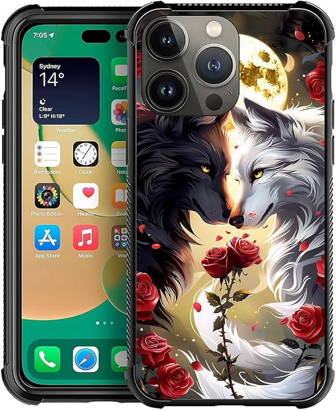 for iPhone 13 Pro Max Case, Black White Wolf Moon Flower Rose Pattern Graphic Design Girl Boy Soft Silicone Hard Acrylic Shock Protection for iPhone 13 Pro Max