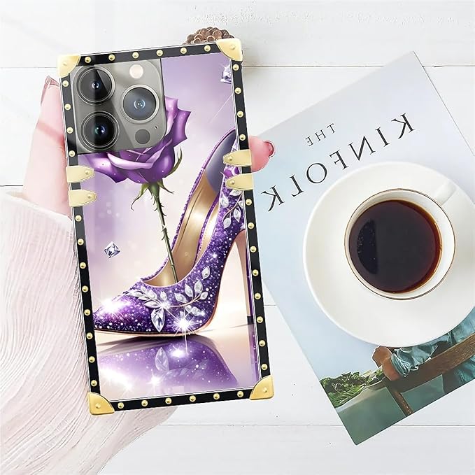 Compatible with iPhone 14 Pro Max Case, High Heeled Purple Diamond Rose Luxury Golden Decoration for Girl Women Soft TPU Shockproof Protective Hard PC Back for iPhone 14 Pro Max