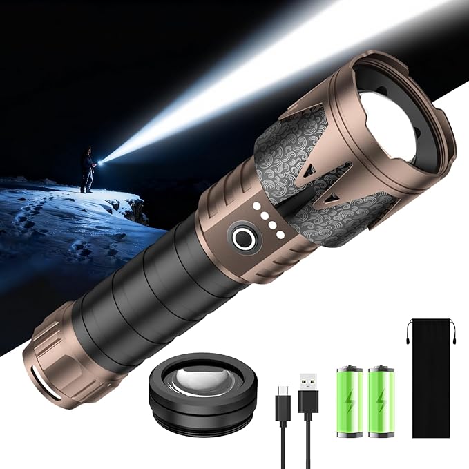 SKYFIRE Rechargeable Tactical Flashlight with Ignition Lens,10000 Super Bright LED Flashlights High Lumens,Zoomable 6Modes Waterproof Camping Survival Gear for Outdoor Emergency,Fire Starter-Gift Box