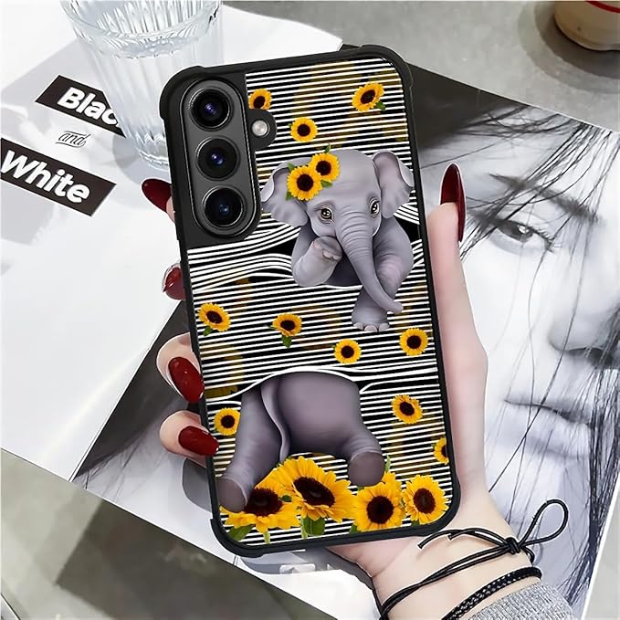 for Samsung Galaxy S26 Plus Case,Graphic Design for Girl Boy Soft Silicone Hard Acrylic Shock Protection Designed Cute Little Elephant Sunflower White Line Art Pattern