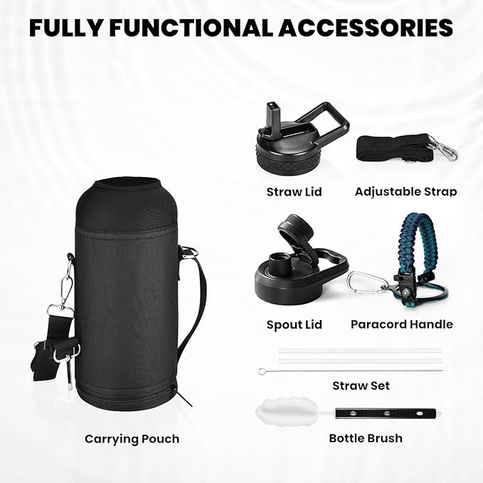 RAYMYLO Insulated Water Bottle 32 oz, Triple Wall Vacuum Stainless Steel (Cold for 24Hrs, Hot for 12Hrs), Leak Proof & Non-BPA, Modern Water Flask Jug with Paracord Handle & Straw Spout Lids