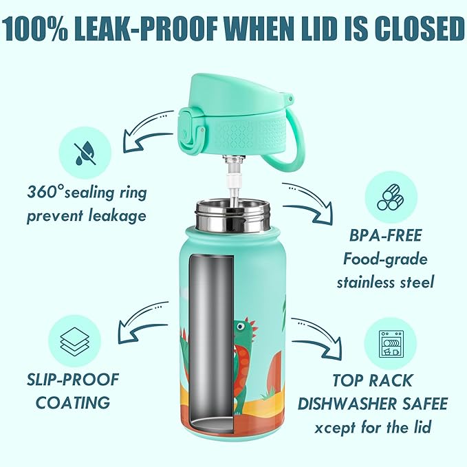 OLDLEY 12oz Kids Water Bottle, Stainless Steel Insulated Water Bottle For Kids, With Straws Leak-proof, Kids Water Bottles For School Boys Girls,Dinos