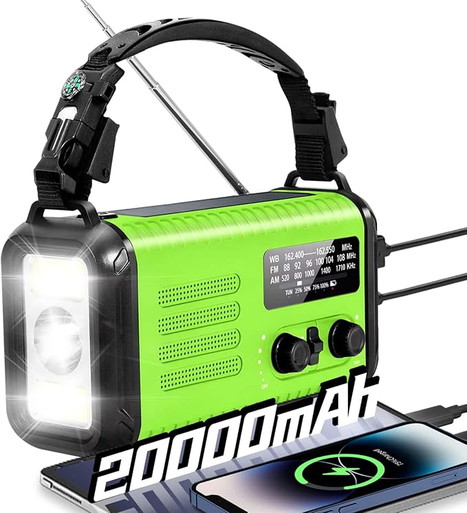 Emergency Crank Radio, 20000mAh / 74000mWh Solar Hand Crank Weather Radio with NOAA/AM/FM, Battery Powered Radio with Cell Phone Charger, Flashlight & SOS for Emergencies/Home (Light Green)