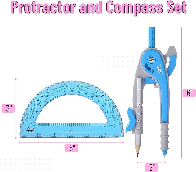 Mr. Pen- Geometry Compass and Protractor Set, 12 Sets, 6 Inch Compass, 6 Inch Protractor, Bulk Drawing Tool for School, Clear Plastic, Easy Grip, Precision Design for Math, Art, Drafting, Architecture