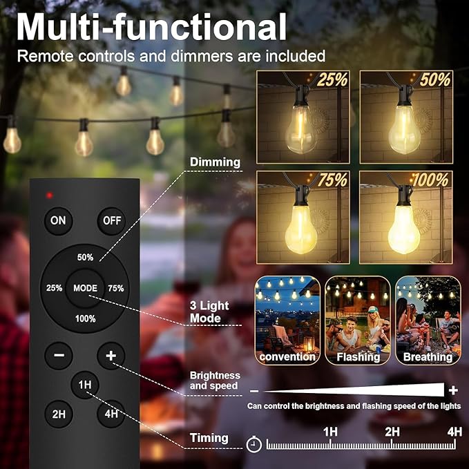 26FT Outdoor String Lights Waterproof with 17+2 Bulbs (1.5FT Bulbs Spacing), Remote & Dimmer, Commercial Patio String Lights with 3 Mode Light & Timing, 50PC Mounting Ties for Outside