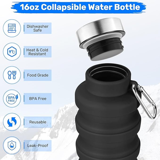 Collapsible Water Bottle, 16oz Portable Reusable Silicone Water Bottle, BPA-Free Leak-Proof Foldable Design with Carabiner, Lightweight Durable for Gym, Travel, Camping, Hiking, Sports-Purple