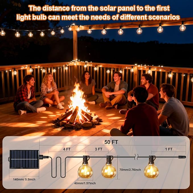 Nisocy Solar String Lights Outdoor Waterproof with Remote & Timer, LED Shatterproof G40 Bulbs, Solar Powered Patio Lights for Christmas, Winter Decor, Backyard, Porch, Garden, Wedding (50FT)