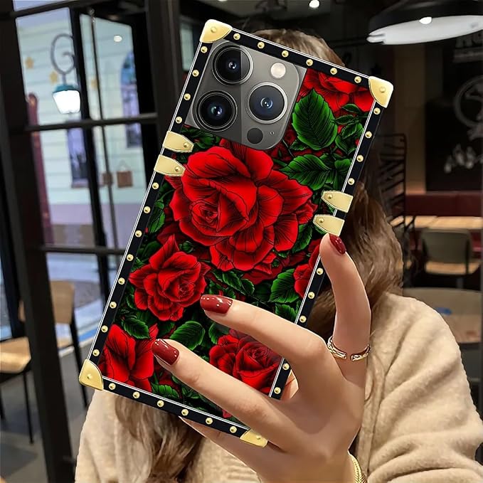 Compatible with iPhone 12 Pro Max Case, Vector Red Rose Green Leaf Luxury Golden Decoration for Girl Women Soft TPU Shockproof Protective Hard PC Back for iPhone 12 Pro Max