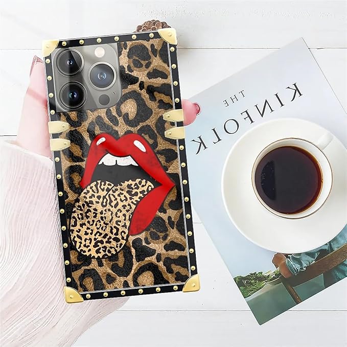 Compatible with iPhone 14 Pro Case, Brown Leopard Print Mouth Luxury Golden Decoration for Girl Women Soft TPU Shockproof Protective Hard PC Back for iPhone 14 Pro