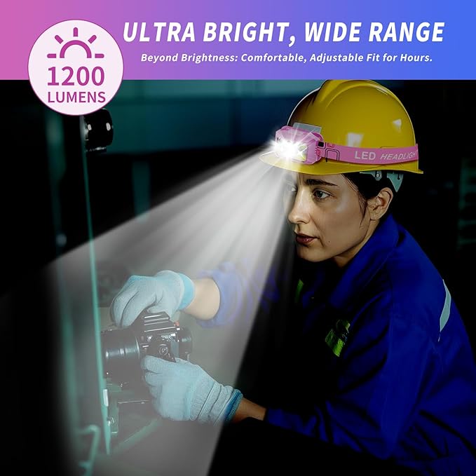 Headlamp Rechargeable LED, 800 Lumens with Red & White Light, 8 Modes, Motion Sensor, USB-C Charging, IPX4 Waterproof (1, Pink)