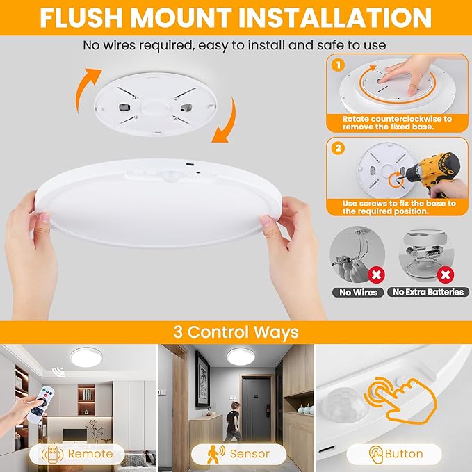 SunRider 12 Inch Rechargeable Motion Sensor LED Ceiling Light with Remote, Wireless Dimmable 3CCT Battery Operated LED Closet Lights for Stair Hallway
