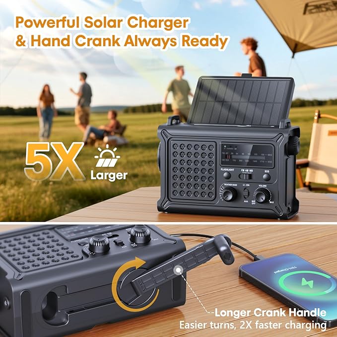 Raynic NOAA Weather Radio 12000mAh, Emergency Weather Radio with 2X Faster Solar & Hand Crank Charging, 5W Flashlight, Reading Lamp, Cell Phone Charger, SOS for Hurricane, Storm, Camping (Black)