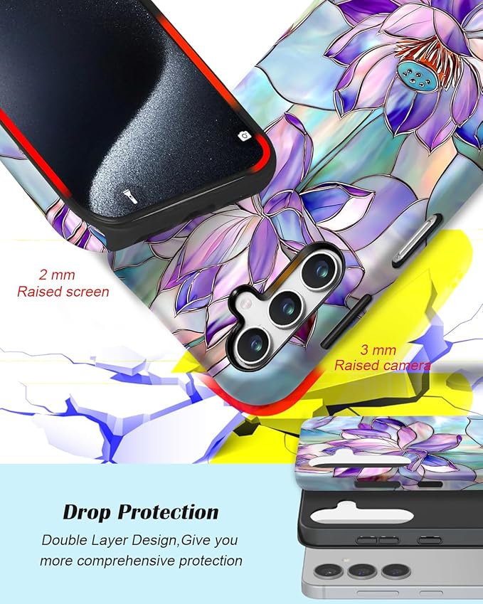 Compatible for Samsung Galaxy A27 5G Case, Dual Layer Heavy Duty 2 in 1 Shockproof Protective Phone Case,Stained Glass Lotus Flowers