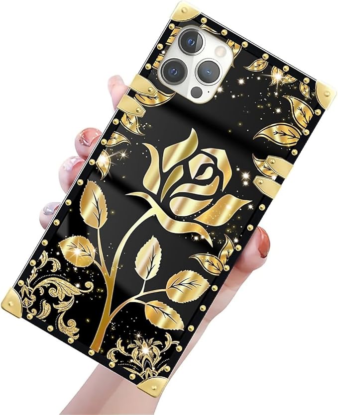 Compatible with iPhone 12 Pro Max Case, Shine Gold Rose Luxury Golden Decoration for Girl Women Soft TPU Shockproof Protective Hard PC Back for iPhone 12 Pro Max
