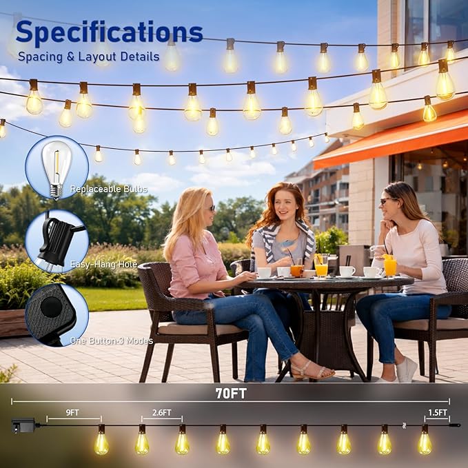 70FT LED Outdoor String Lights with Remote, One Continuous Strand Patio Lights with 24+1 Shatterproof S11 Bulbs, Dimmable 2200K Warm White, Timer & 3 Modes, Low Voltage for Backyard Garden