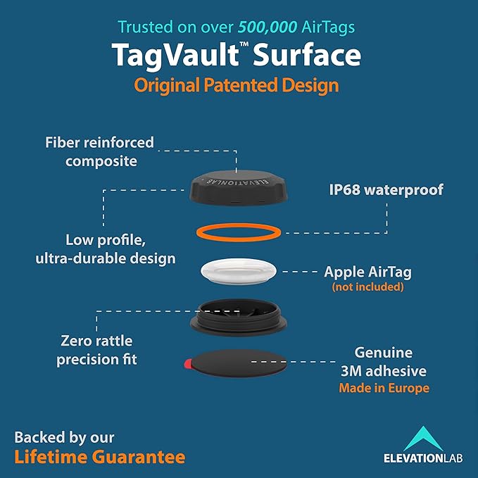 Elevation Lab AirTag Adhesive Mount - TagVault™ - The Original Waterproof AirTag Stick-On Holder | 3M VHB, Indestructible, Screw-On Design, Find Your Bike, Car, & More