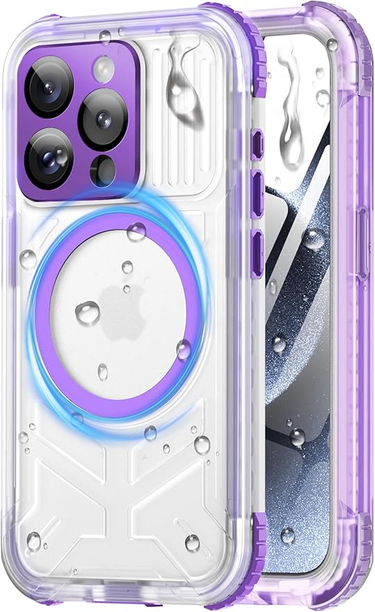for iPhone 15 Pro Waterproof Case with Magsafe, Built-in [Camera & Screen Protector] [Lanyard], IP68 Water Proof Full Body Dustproof Heavy Duty Frosted Protective Phone Cover, 6.1" Purple