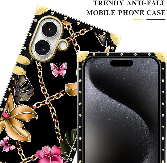 for iPhone 17 Case Luxury Golden Decoration for Girl Women Soft TPU Shockproof Protective Hard PC Back for iPhone 17 Crazy Pattern Pink Golden Chain Tropical Flower
